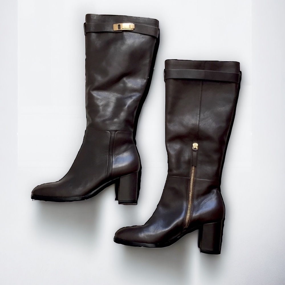 HALSTON HERITAGE Leather Buckle Tall Knee Boots 7M Buckle Dark Brown Ava $795